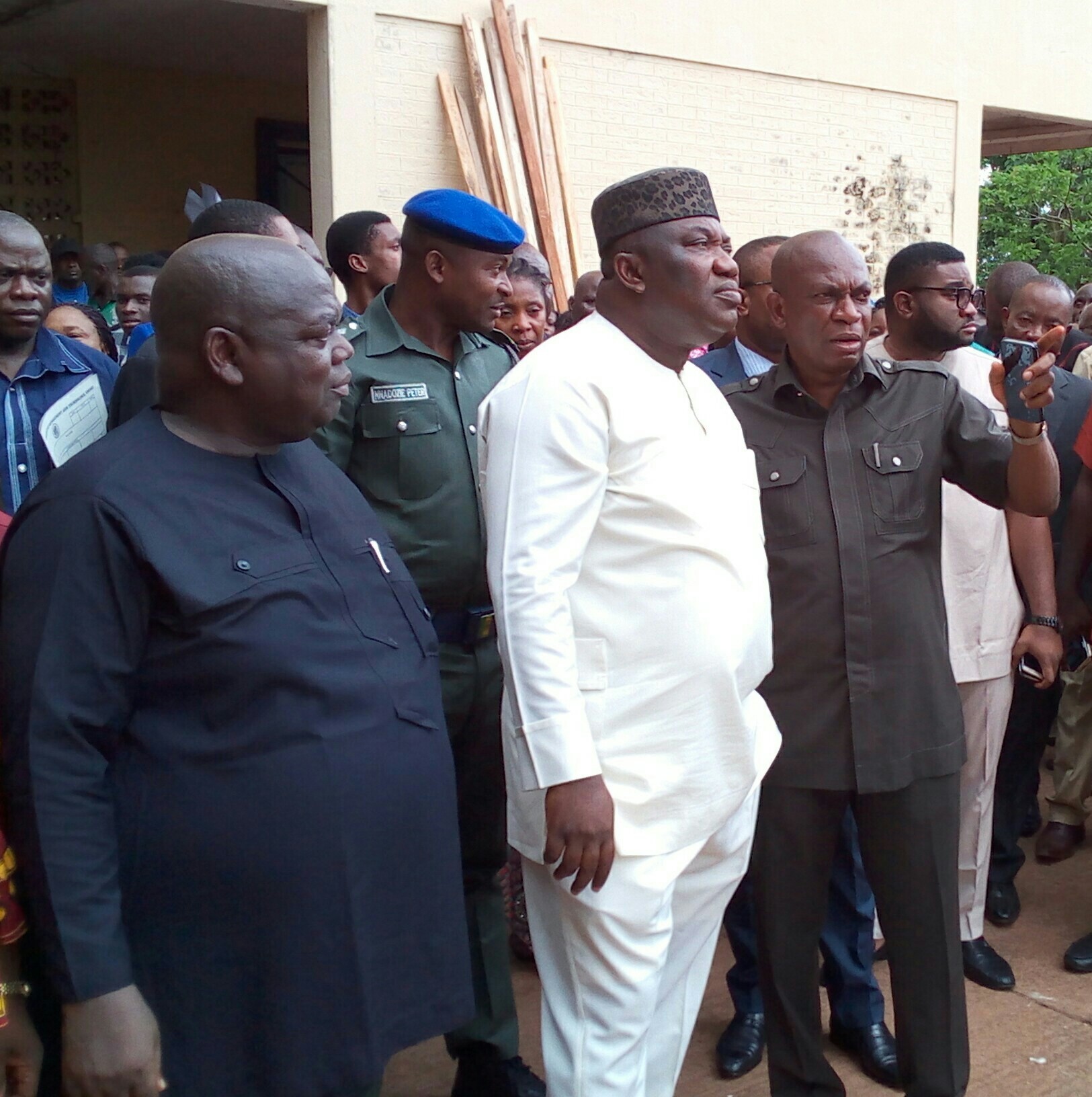 Gov. Ifeanyi Ugwuanyi of Enugu State (middle) with the Chairman of Governing Council, Institute of Management and Technology (IMT) Enugu, Dr. Festus Uzor (right) and the Rector of the Institute, Prof. Augustine Nweze during the governor’s working visit to inspect the ongoing renovation works in the institution, yesterday.