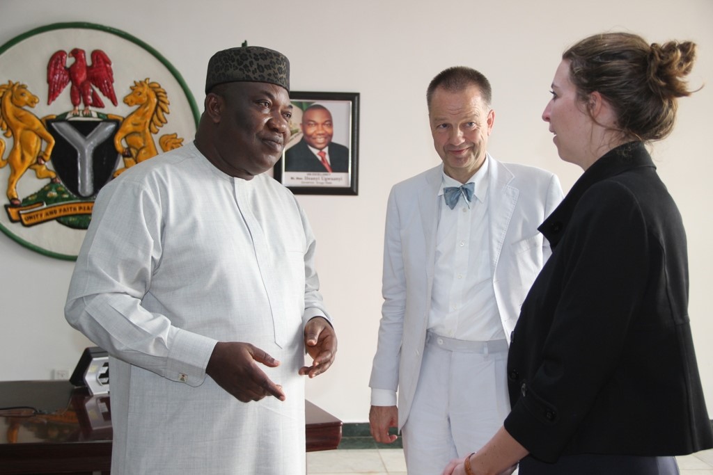 Governor Ifeanyi Ugwuanyi of Enugu State (left); with the German Ambassador to Nigeria, Dr. Bernhard Schlagheck (middle); and the 1st Secretary of the Embassy, Sophia Sabrow, during a courtesy visit at the Government House, Enugu, yesterday.