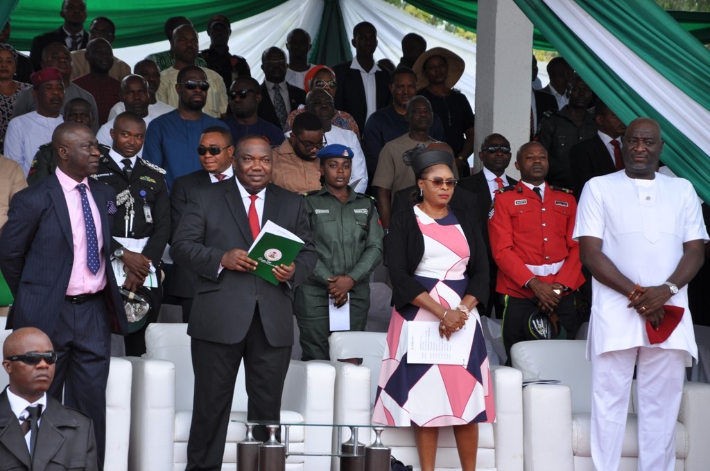 L-R: Deputy Senate President, Senator Ike Ekweremadu; Governor Ifeanyi Ugwuanyi of Enugu State; his deputy, Mrs. Cecilia Ezeilo; and the Speaker of Enugu State House of Assembly, Edward Ubosi, during the 57th Independence Anniversary celebration at the Michael Okpara Square, Enugu, yesterday.