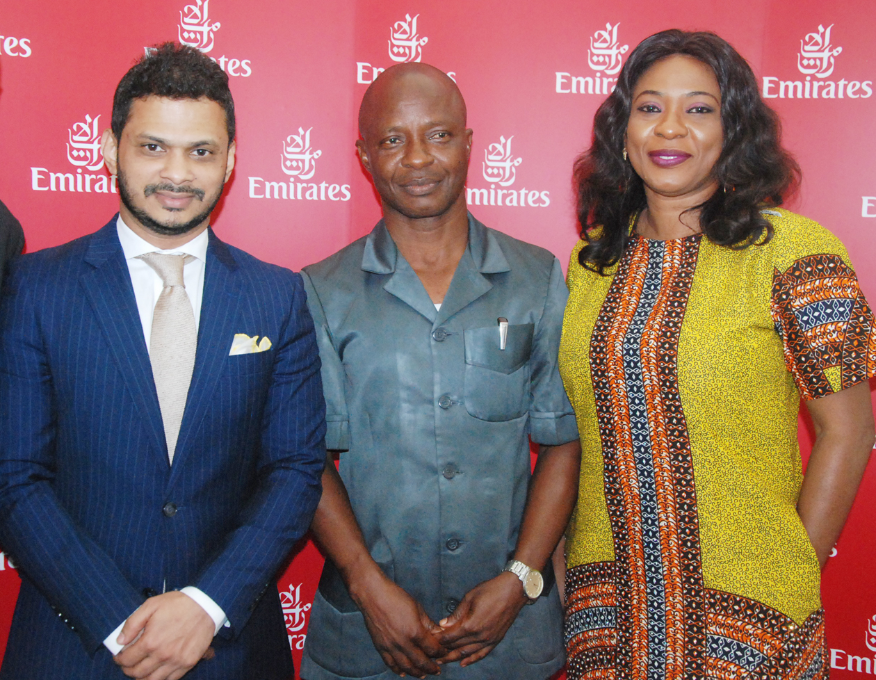 From left: Afzal Parambil, Regional Manager west Africa, Emirates; Mr Chuks Iwelumo, Chairman, League of Aviation and Airports Correspondents and Aderonke Adebule, Executive Director, JSP Communications at the media chat with the new Emirates  Regional Manager and promotion of Guangzhou, China destination held in Lagos.