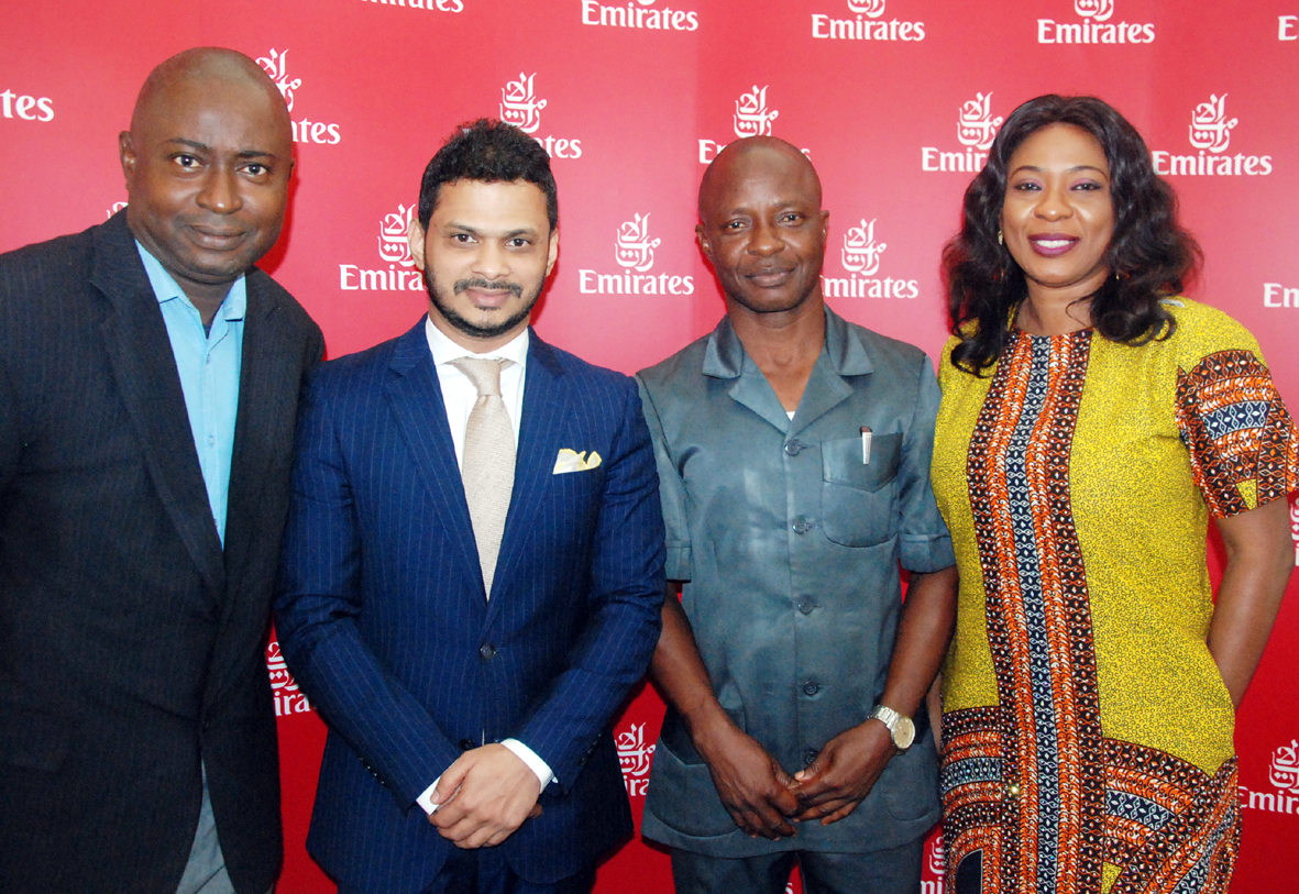 From left: Afzal Parambil, Regional Manager west Africa, Emirates; Mr Chuks Iwelumo, Chairman, League of Aviation and Airports Correspondents and Aderonke Adebule, Executive Director, JSP Communications at the media chat with the new Emirates Regional Manager and promotion of Guangzhou, China destination held in Lagos.