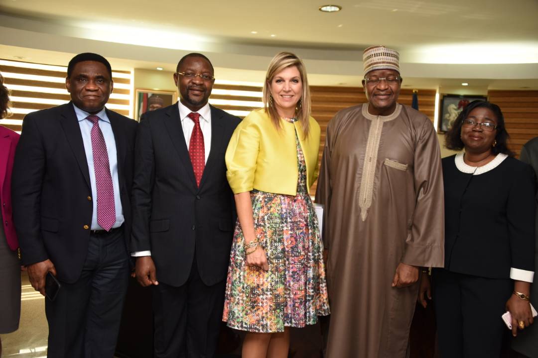 Left to Right: Tony Ojobo, Director Public Affairs Nigerian Communications Commissions (NCC); Sunday Dare, Executive Commissioner Stakeholder Management, NCC; Her Majesty Queen Maxima of The Netherlands and UN Secretary General’s Special Advocate on Financial Inclusion for Development; Prof. Umar Danbatta, Executive Vice Chairman, (EVC) of NCC; and Miss Josephine Amuwa, Director Policy, Competition and Economic Analysis NCC, at the NCC Head Office in Abuja this morning when the Queen paid a scheduled visit to the Commission as part of her advocacy for building strategies to widening financial inclusion in Nigeria.