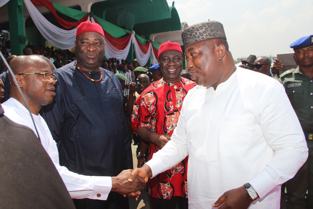 Gov. Ifeanyi Ugwuanyi of Enugu State (right) with the Deputy Senate President, Senator Ike Ekweremadu (2nd right); the  Speaker of Enugu State House of Assembly, Hon. Edward Ubosi (2nd left); and the state chairman of the Peoples Democratic Party, Chief Augustine Nnamani, during the swearing-in ceremony of the 17 local government chairmen in the state at the Michael Okpara Square, Enugu, on Monday