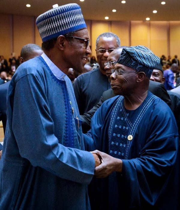 Pres. Muhammadu Buhari, Olusegun Obasanjo exchange banters at the African Union (AU) Summit in Addis Ababa, Ethiopia on Sunday.