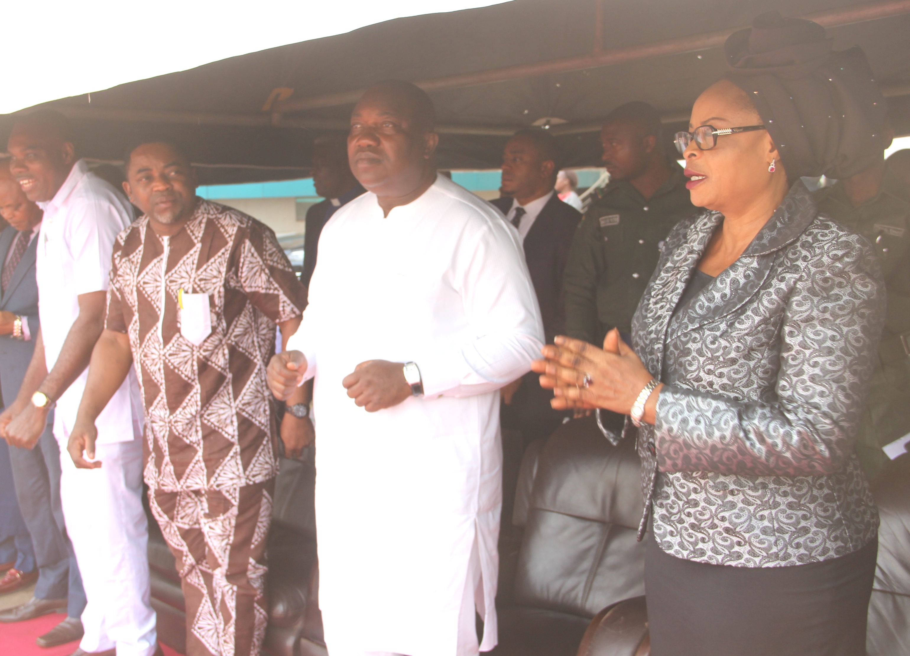 Gov. Ifeanyi Ugwuanyi of Enugu State (2nd right) with his deputy, Mrs. Cecilia Ezeilo (right); state chairman of Nigerian Labour Congress, Comrade Virginus Nwobodo (2nd left) and his counterpart from the Trade Union Congress of Nigeria (TUC), Comrade Igbokwe Chukwuma Igbokwe during the worker’s New Year Prayer Rally at the State Secretariat, Enugu, yesterday.