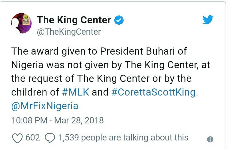 Luther King Centre denies giving award to Buhari