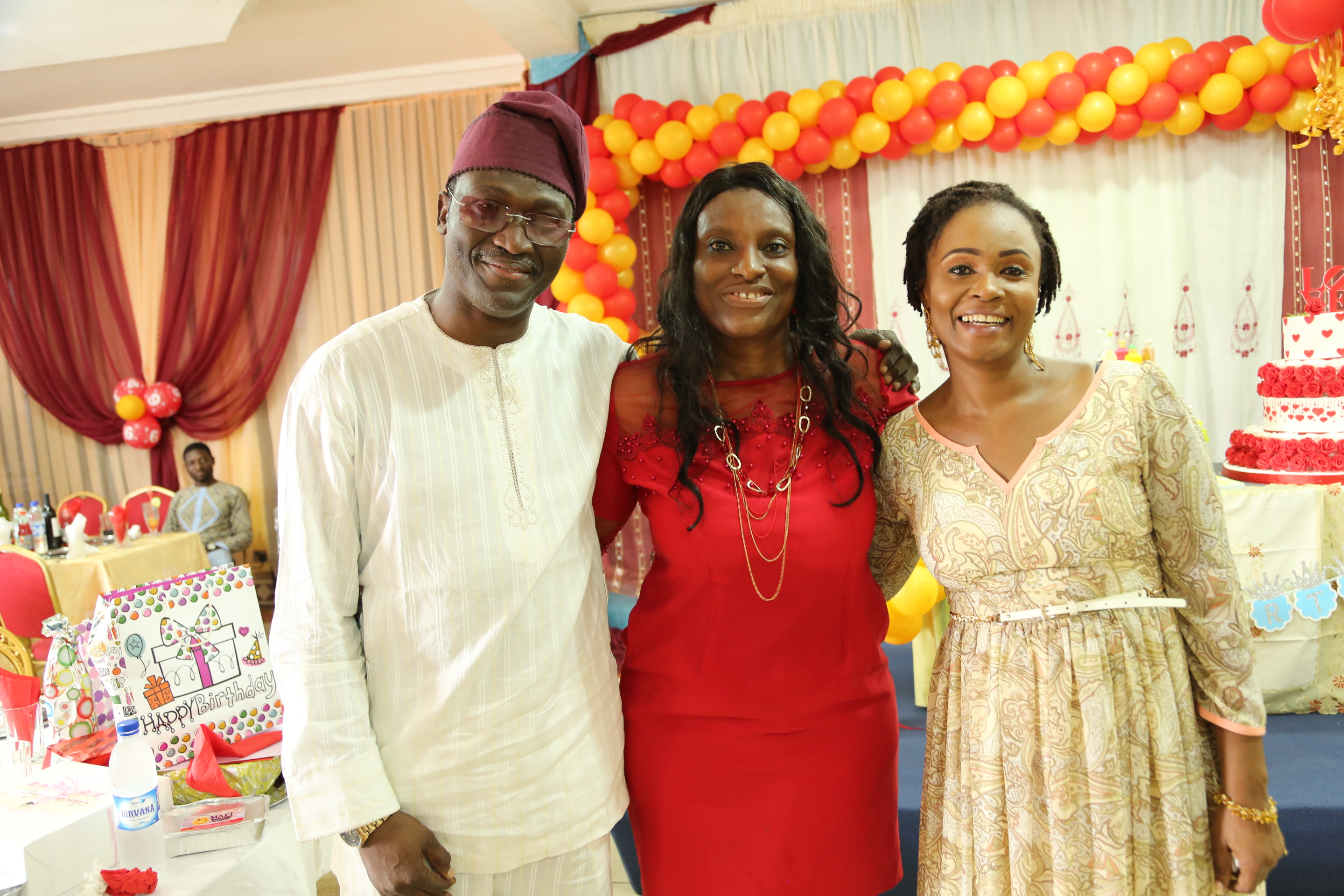 Mrs. Ifeoma Chigbogwu, MD/CEO, Quazy Global Ltd at her birthday party in Lagos recently; flanked by Dr. and Mrs. Kuti of Prism Diagnostic Clinic, Lagos.