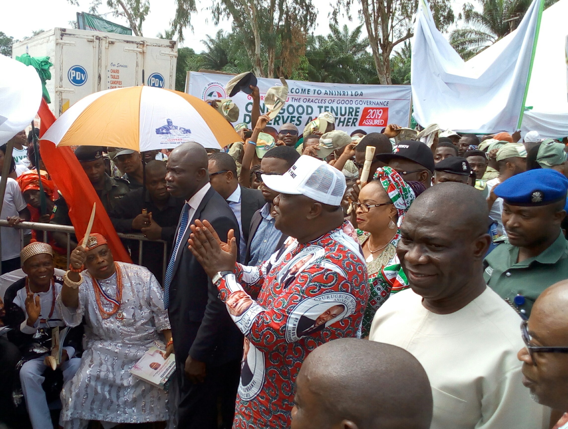 Governor Ifeanyi Ugwuanyi of Enugu State (on cap) with his deputy, Mrs. Cecilia Ezeilo (behind) and the Deputy President of the Senate, Senator Ike Ekweremadu (right) at a civic reception for the governor by the people of Aninri Local Government Area, who endorsed him for a second term in office.