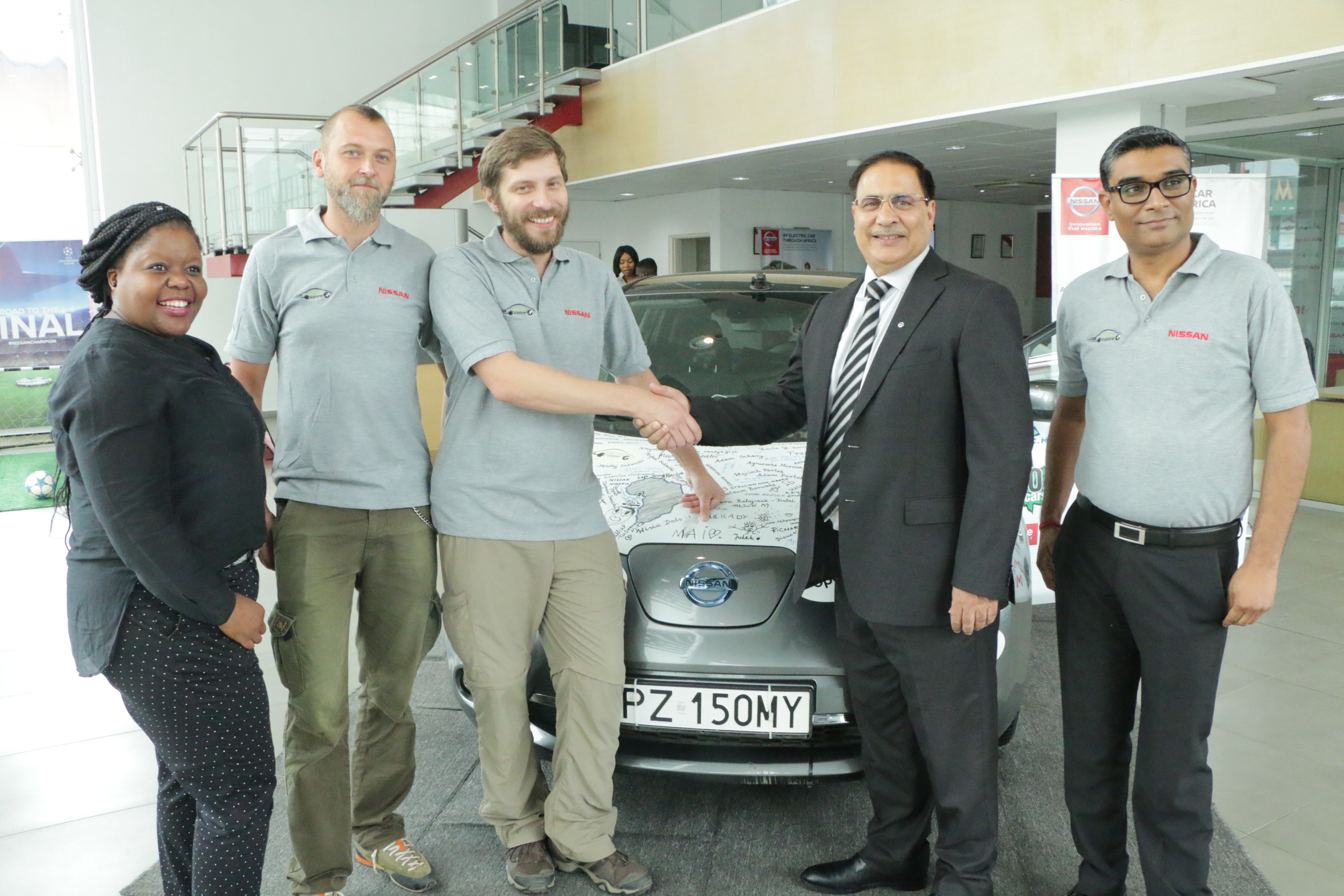 L-R: Nthabiseng Motsepe, Snr. Manager, Corporate Communications & Stakeholder Relations, Nissan Sub-Sahara, Africa Department; Ace Polish explorers Albert Wojtowicz and Arkady Pawel Fiedler with Parvir Singh, Managing Director, Stallion NMN and Amit Sharma, Head of Sales and Marketing of Nissan National Sales Company Stallion NMN at the media briefing heralding the arrival in Lagos of the Ace Polish explorers that drove by road from Cape Town South Africa in a first ever electric vehicle expedition across Africa using world’s most popular Electric Nissan LEAF car.