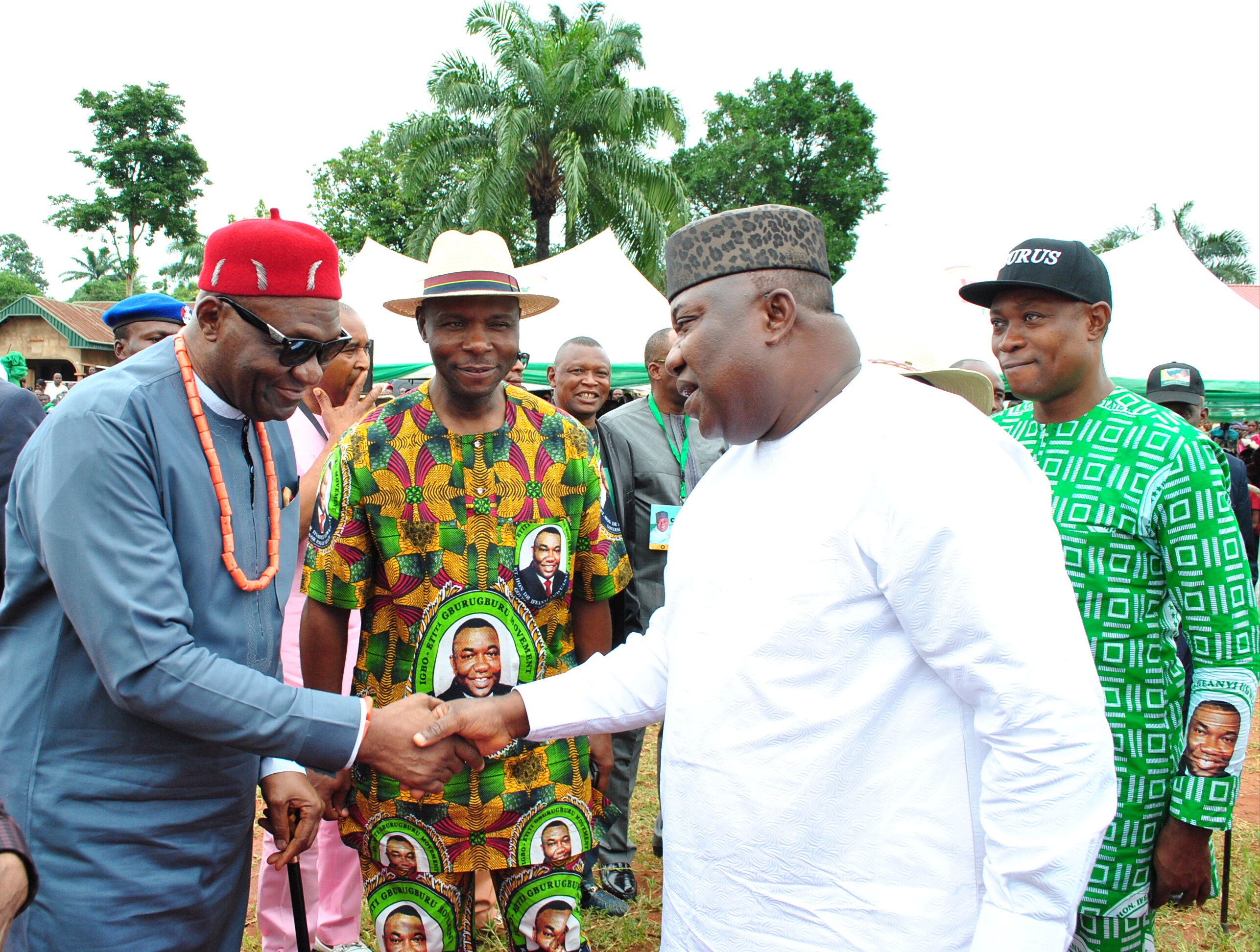 Governor Ifeanyi Ugwuanyi of Enugu State (2nd right) with the President General, Ohanaeze Ndigbo, Chief Nnia Nwodo (left); Senator representing Enugu North Senatorial District, Senator Chukwuka Utazi (middle) and Chairman, Igbo-Etiti Local Government Area, Hon. Malachy Agbo (right) during the civic reception for the governor by Aku community in the council area, yesterday.