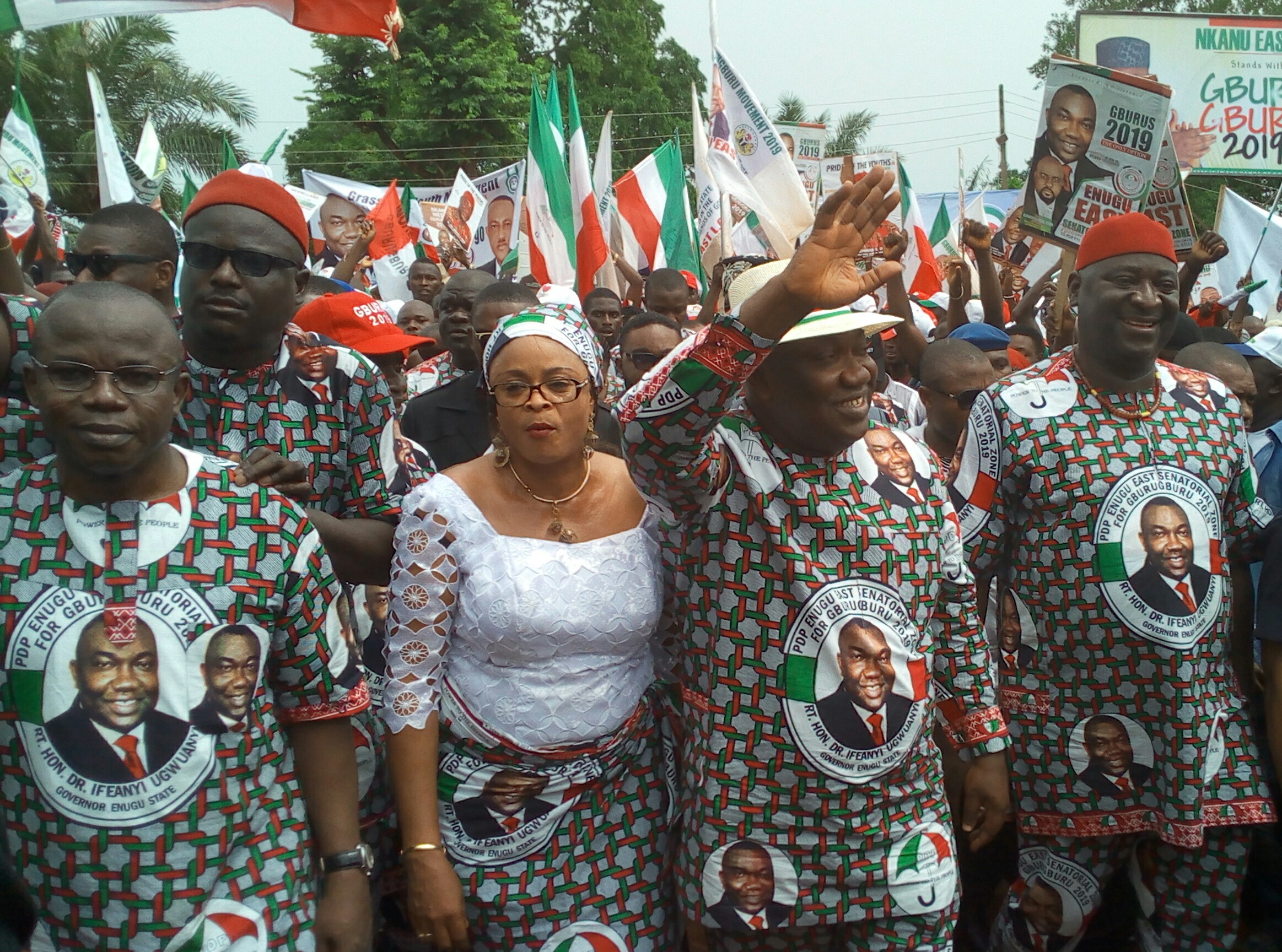 Governor Ifeanyi Ugwuanyi of Enugu State (2nd right) with his deputy, Hon. Mrs. Cecilia Ezeilo (2nd left); the Speaker of the State House of Assembly, Rt. Hon. Edward Ubosi (right); State Chairman of the Peoples Democratic Party (PDP), Hon. Augustine Nnamani during the mega rally of the Enugu East Senatorial Zone, which endorsed Gov. Ugwuanyi for a second term in office, yesterday.