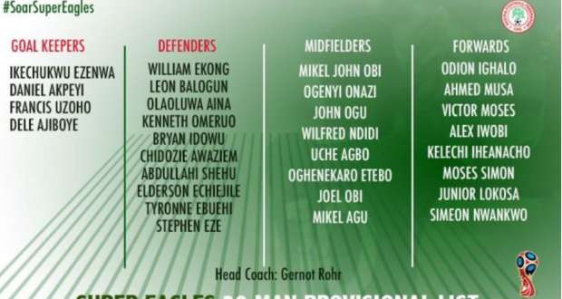 NFF releases 30-man provisional list for 2018 World Cup