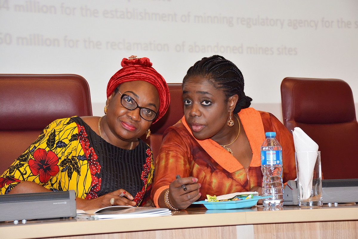 Head of Service of the Federation, Mrs. Winifred Ekanem (left) discussing with the Honourable Minister of Finance, Mrs Kemi Adeosun, during the Public Presentation and Breakdown of the 2018 FGN Budget in Abuja on Thursday, 21st June, 2018.