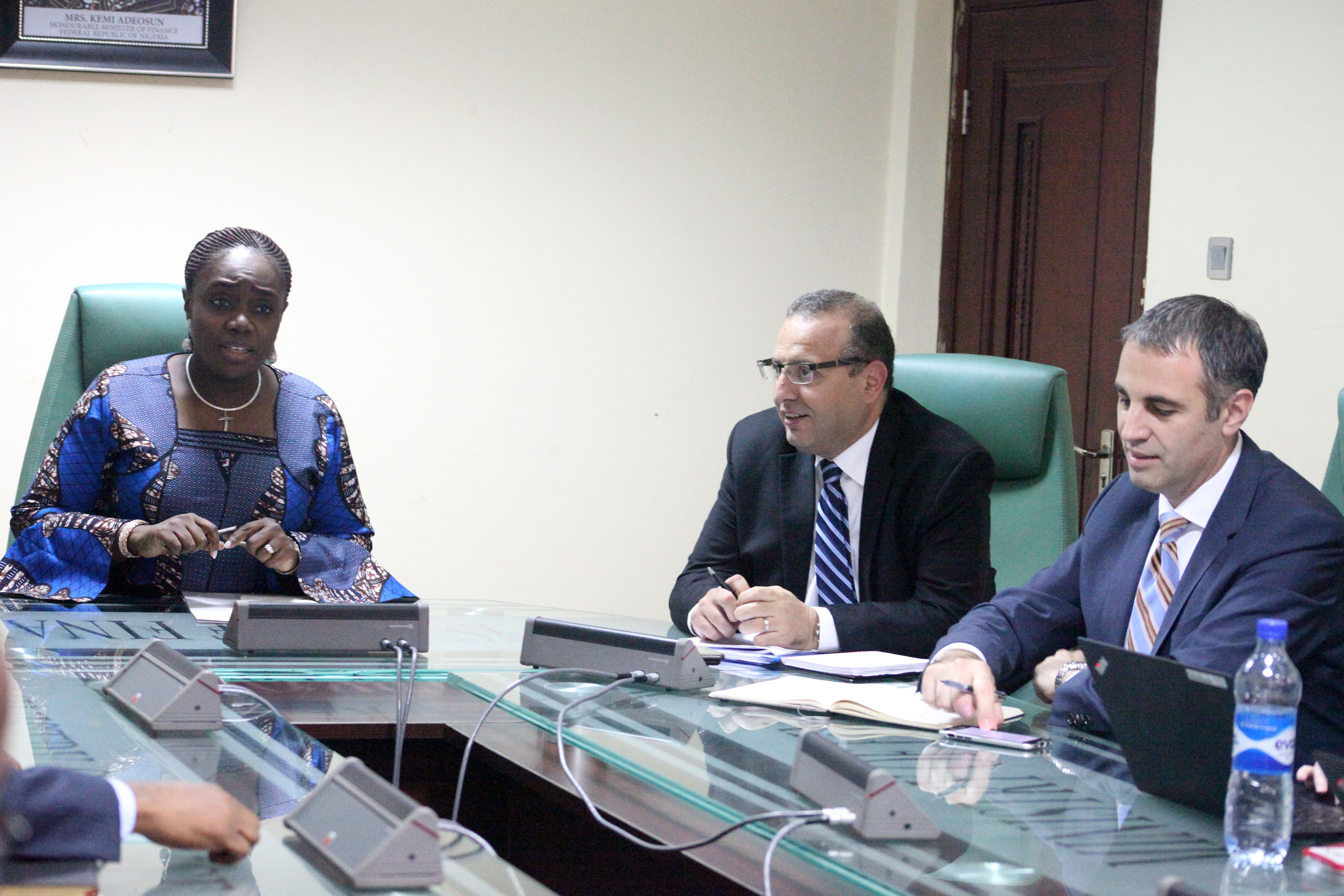Left to Right: Hon. Minister of Finance, Mrs. Kemi Adeosun; Mission Chief for Nigeria, International Monetary Fund (IMF), Amine Mati and Deputy Division Chief, IMF, Charalambos Tsangarides, during a meeting with the officials of the Fund on the 2018 IMF Staff Visit in Abuja on Monday, 9th July, 2018