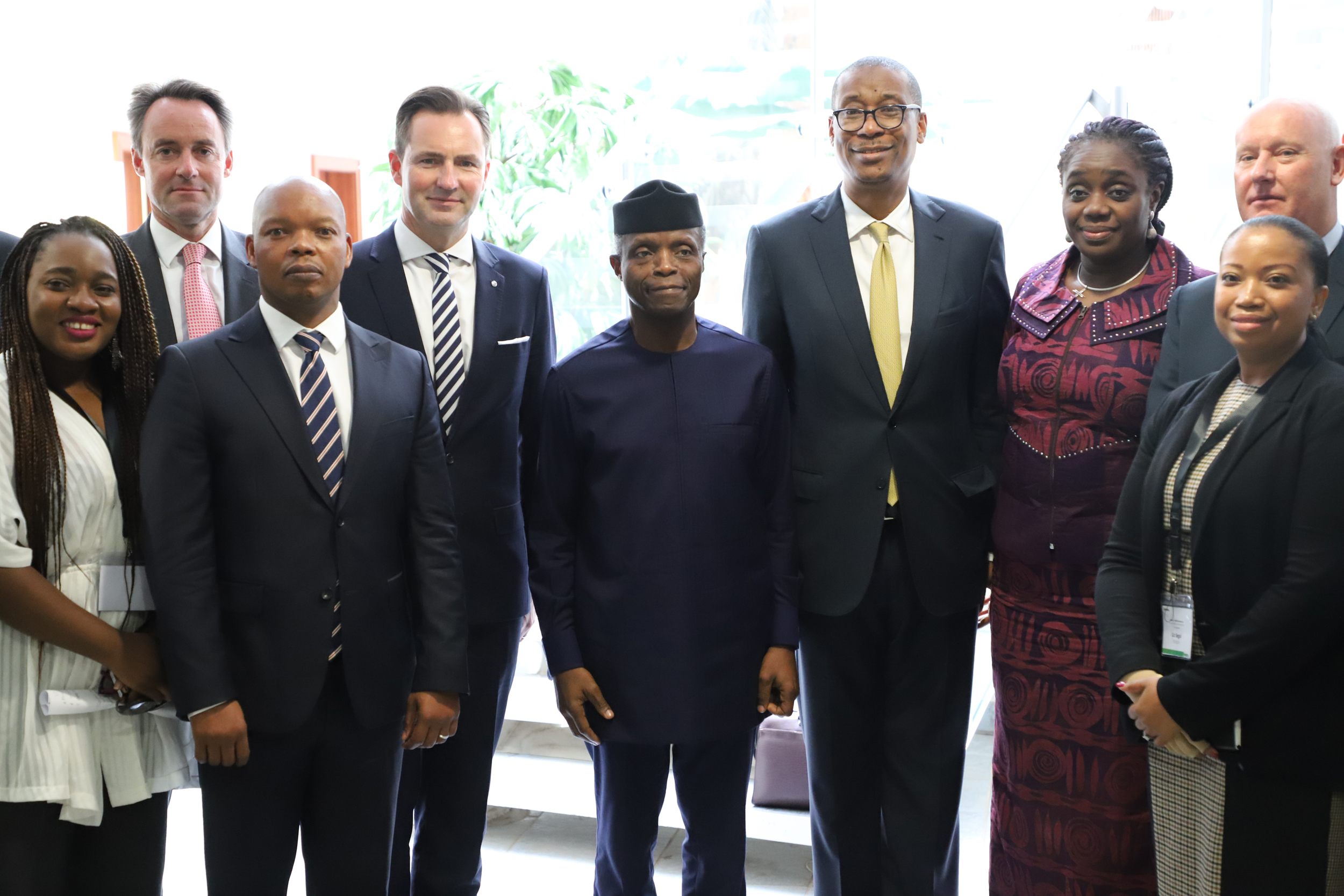 Head of Corporate Development and Strategy, UBER, Mimi Omokri(left); Senior Advisor, ACTIS, Simon Harford; Chief Executive Officer, Deloitte Africa, Lwazi Bam; Chairman of Volkswagen Group, South Africa, Thomas Schaefer; Vice Pres. Yemi Osinbajo; Minister of Trade and Investments, Dr. Okechukwu Enelama; Minister of Finance, Mrs. Kemi Adeosun and General Manager, Sub-Sahara Africa, Nissan Group of Africa, Liz Segal, during the meeting the Federal Government held with automobile manufacturers at the State House on Tuesday, 3rd July, 2018.