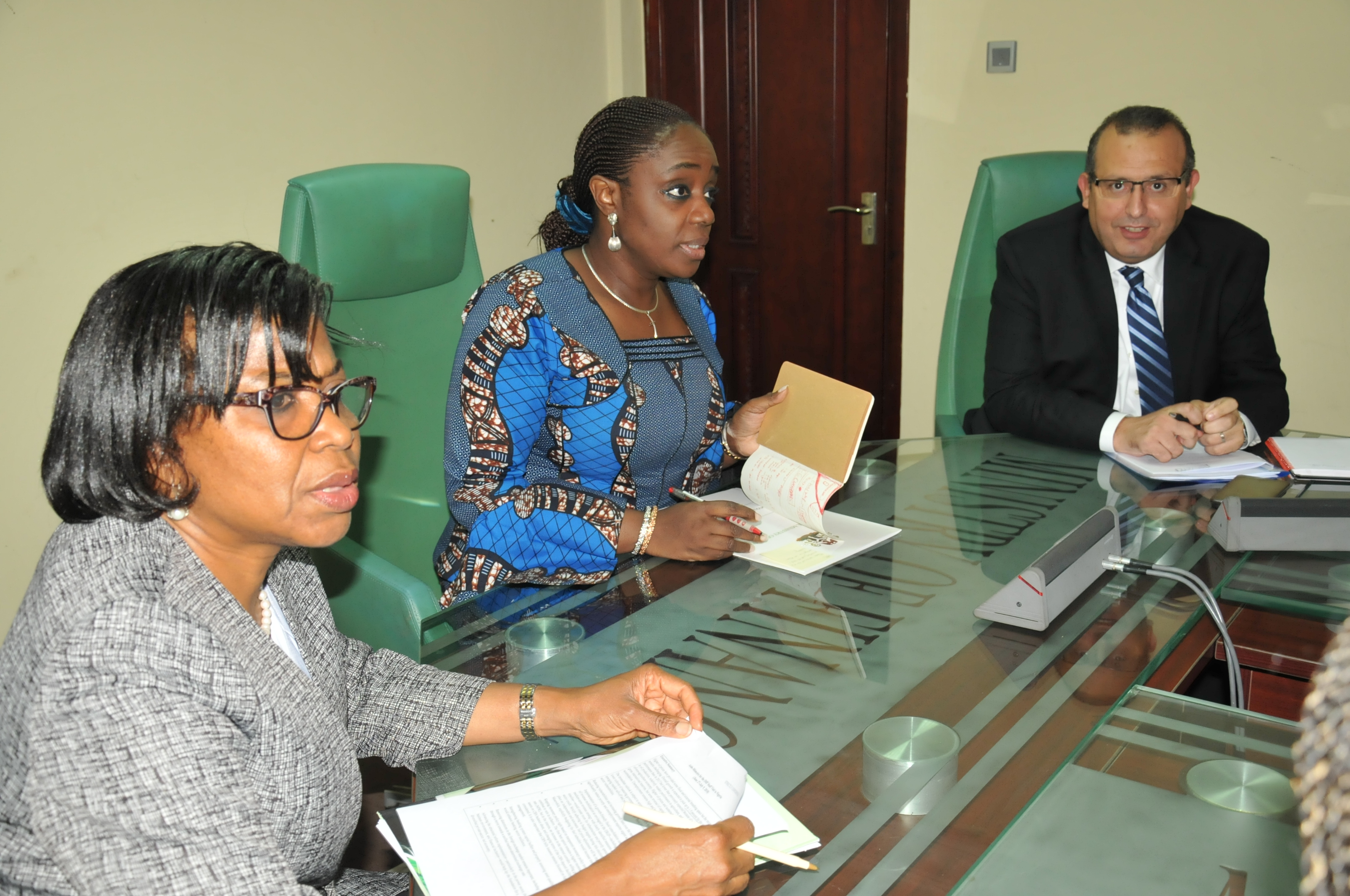 L to R: The Director-General of the Debt Management Office, Ms. Patience Oniha (left); Honourable Minister of Finance, Mrs. Kemi Adeosun and Mission Chief for Nigeria, International Monetary Fund (IMF), Amine Mati, during a meeting with the officials of the Fund on the 2018 IMF Staff Visit in Abuja on Monday.