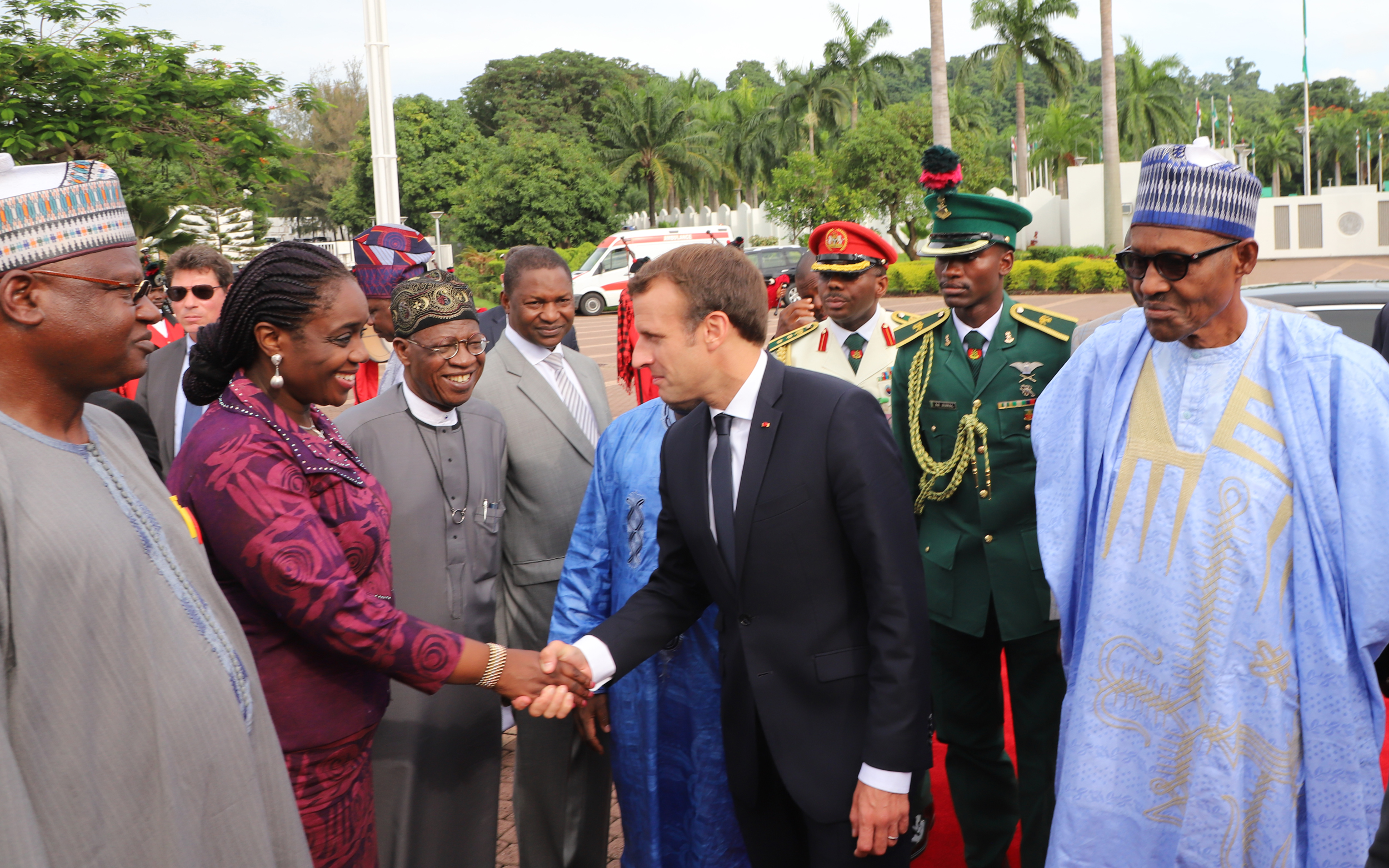L-R: Minister of State for Environment, Alhaji Ibrahim Jibrin (left); Minister of Finance, Mrs. Kemi Adeosun; Minister of Information, Alhaji Lai Mohammed; Attorney General and Minister of Justice, Mr. Abubakar Malami; the visiting President Emmanuel Macron of France and  President Muhammadu Buhari, during Macron’s arrival at the State House, Abuja, on Tuesday, 3rd July, 2018