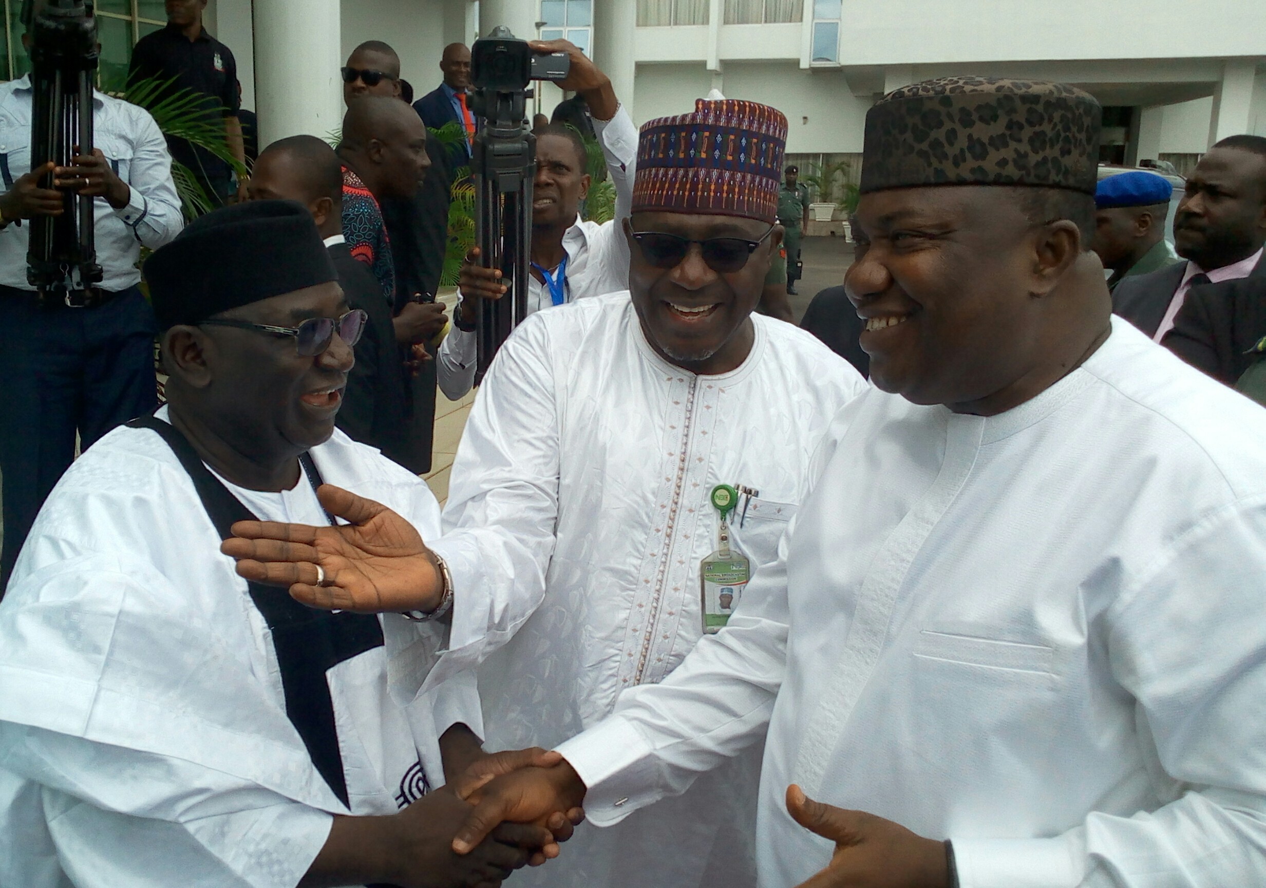 Gov. Ifeanyi Ugwuanyi of Enugu State (right) with the Board Chairman of National Broadcasting Commission (NBC), Alhaji Ikra Bilbis (left) and Director-General of NBC, Is’haq Modibbo kawu, during the 2018 Content Summit organized by the commission in Enugu, yesterday.