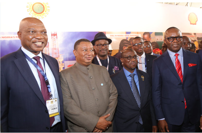 L-R: Managing Director, Shell Petroleum Development Company and Country Chair, Shell Companies in Nigeria, Osagie Okunbor; Secretary-General of OPEC, Mohammed Barkindo; Executive Secretary, Nigeria Content Development and Monitoring Board, Simbi Wabote; Group Managing Director, Nigeria National Petroleum Corporation, Maikanti Baru; and the Minister of State for Petroleum Resources, Emmanuel Kachikwu, during an inspection of Shell stand at opening ceremony of the Nigeria Oil and Gas Conference and Exhibition in Abuja… on Tuesday.