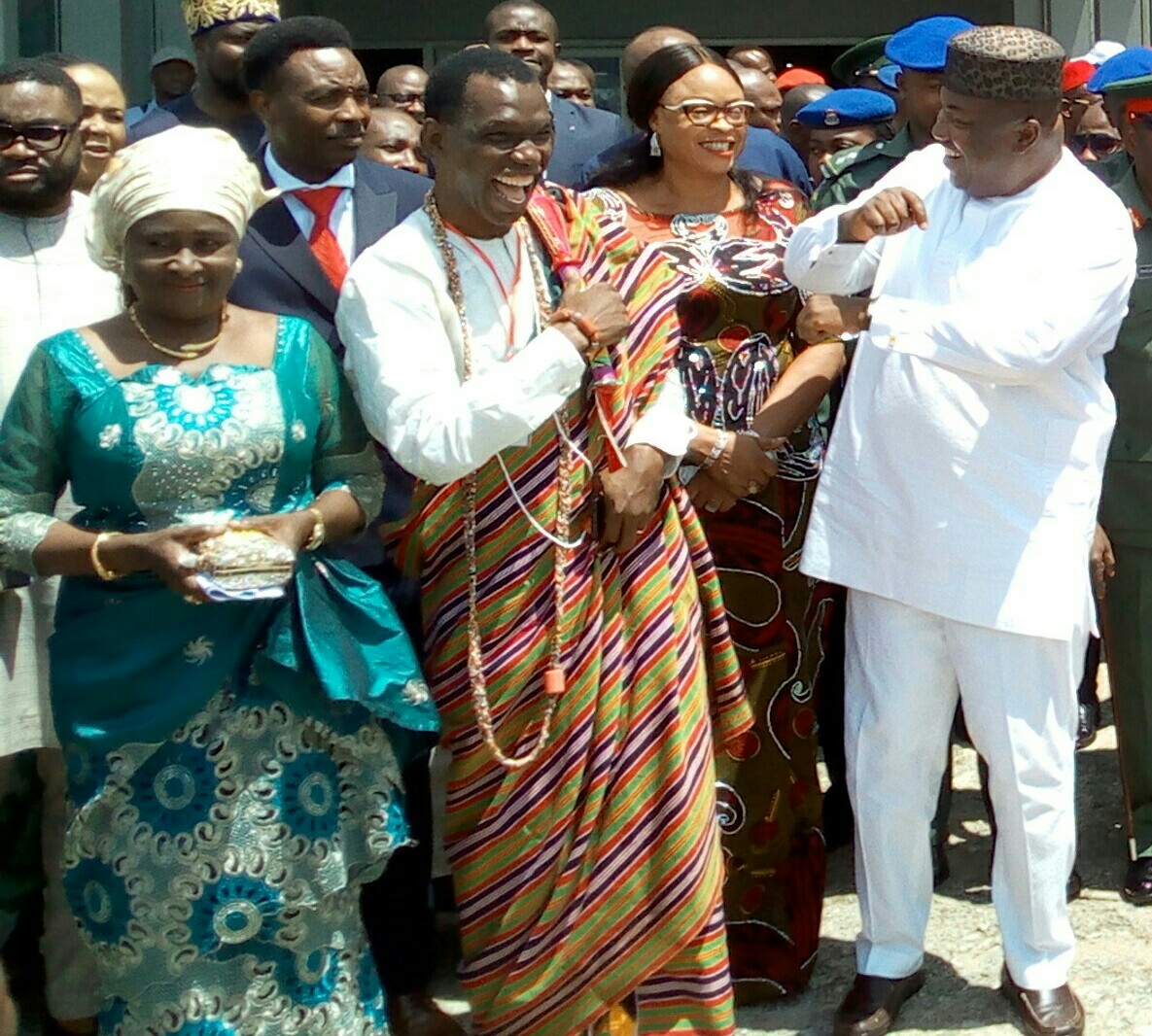 Governor Ifeanyi Ugwuanyi of Enugu State (right) with his deputy, Mrs. Cecilia Ezeilo (2nd right); National President of Student Christian Movement (SCM) of Nigeria, Rev. Eric Ighalo (middle), his wife (left) and others, during the airport reception for the Acting President, Prof. Yemi Osinbajo, when he visited Enugu for the 30th National Biennial Conference of the association, recently.