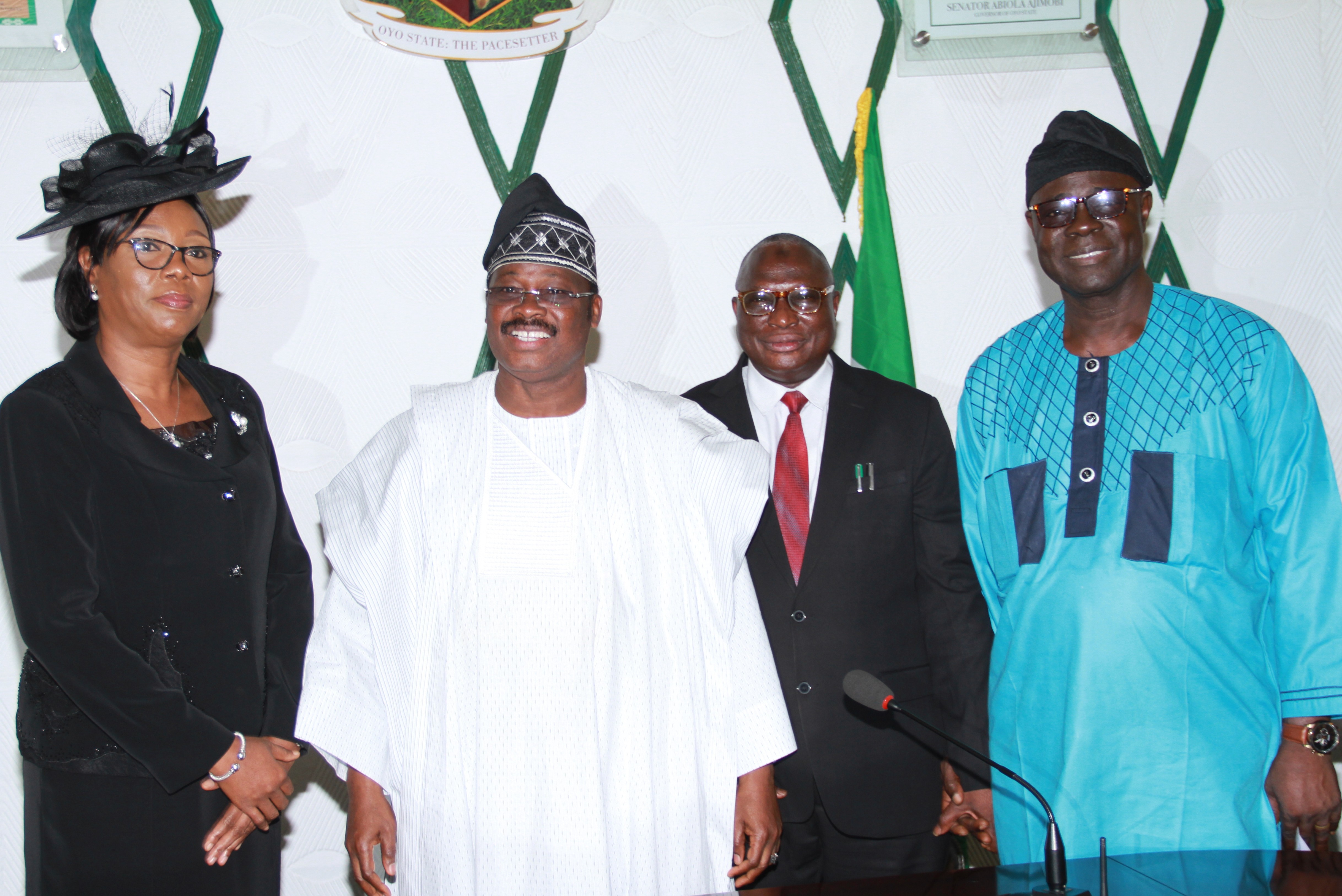 L-R: President, Customary Court of Appeal, Oyo State, Justice Eni Esan; state Governor, Senator Abiola Ajimobi; Chief Judge, Justice Munta Abimbola; and Speaker of the state’s House of Assembly, Rt. Hon. Olajunju Ojo, during the inauguration of Esan, at the Governor’s Office, Ibadan… on Monday. Photo: Governor’s Office