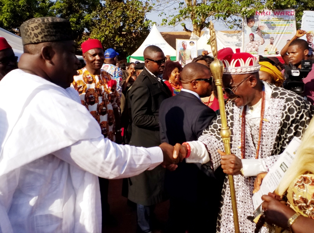 Governor Ifeanyi Ugwuanyi of Enugu State (left) presenting the Staff of Office to the newly elected Traditional Ruler of Nguru Nsukka Autonomous Community, Nsukka Local Government Area, HRH Igwe Linus Nosike Obayi at Nsukka, yesterday. With him on his left is the Senator representing Enugu North Senatorial District, Senator Chukwuka Utazi.