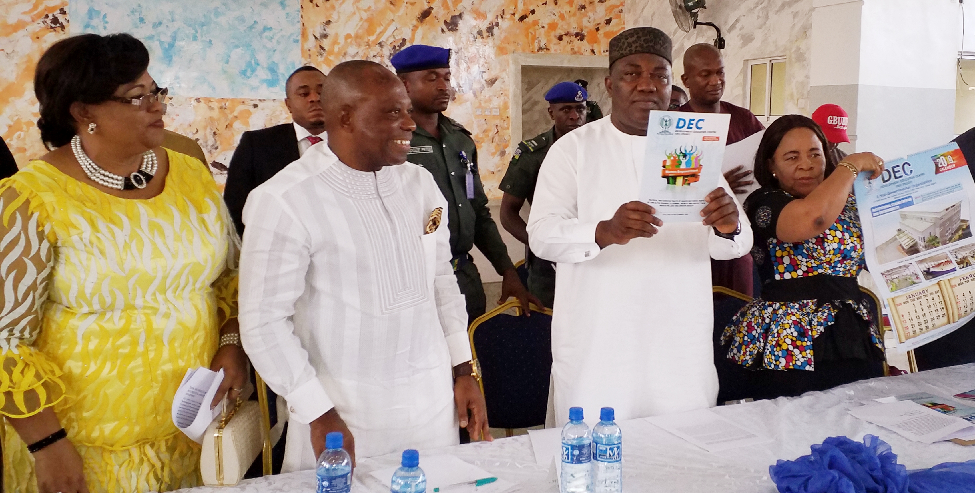 Governor Ifeanyi Ugwuanyi of Enugu State (2nd right) with wife of former Governor of old Enugu State, Dr. Mrs. Dorothy Nwodo (left), Commissioner for Labour and Productivity, Hon. Charles Ogbo Asogwa (2nd left) and the Executive Director, Development Education Centre (DEC), Enugu,  Dr. Cecilia Asogwa, during its 35th Annual Convention and 18th Annual Bursary Award of Sir Fidelis Chukwuma Asogwa Education Foundation, held at DEC headquarters, Enugu, yesterday. 
