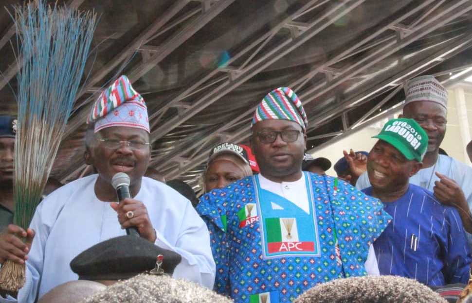 L-R: Oyo State Governor, Senator Abiola Ajimobi; governorship candidate of the APC in the state, Chief Bayo Adelabu; his running mate, Mr. Samuel Eegunjobi; and state Secretary of the APC, Mr. Mojeed Olaoya, during the flag off of the party’s governorship campaign at the APC secretariat, Ibadan… on Friday. Photo: Governor’s Office