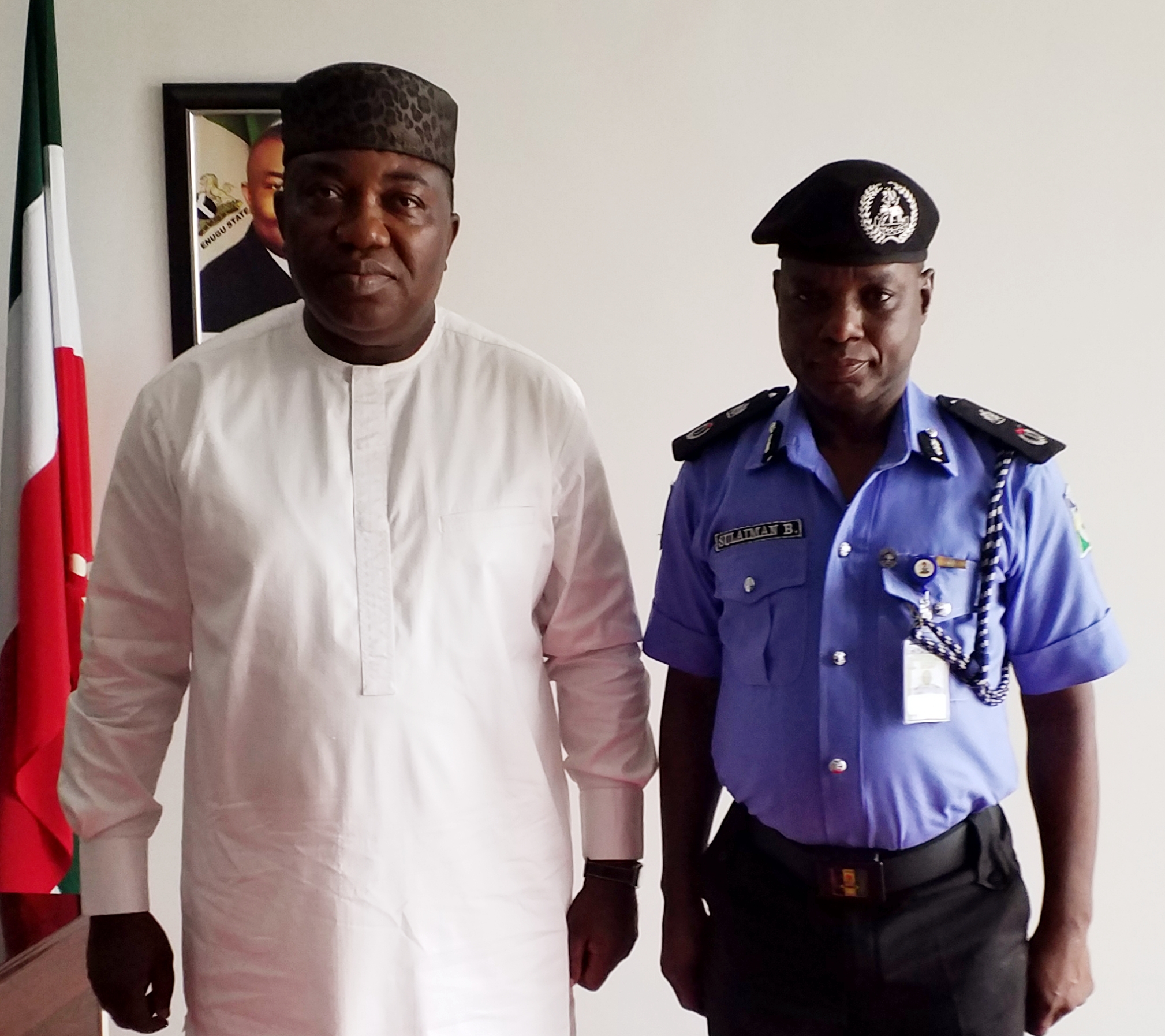 Enugu State Governor and Governor-Elect, Rt. Hon. Ifeanyi Ugwuanyi (left) with the new Commissioner of Police, Enugu State Command, Mr. Suleiman Balarabe, when the latter paid a courtesy visit to the Government House, Enugu, on Friday.