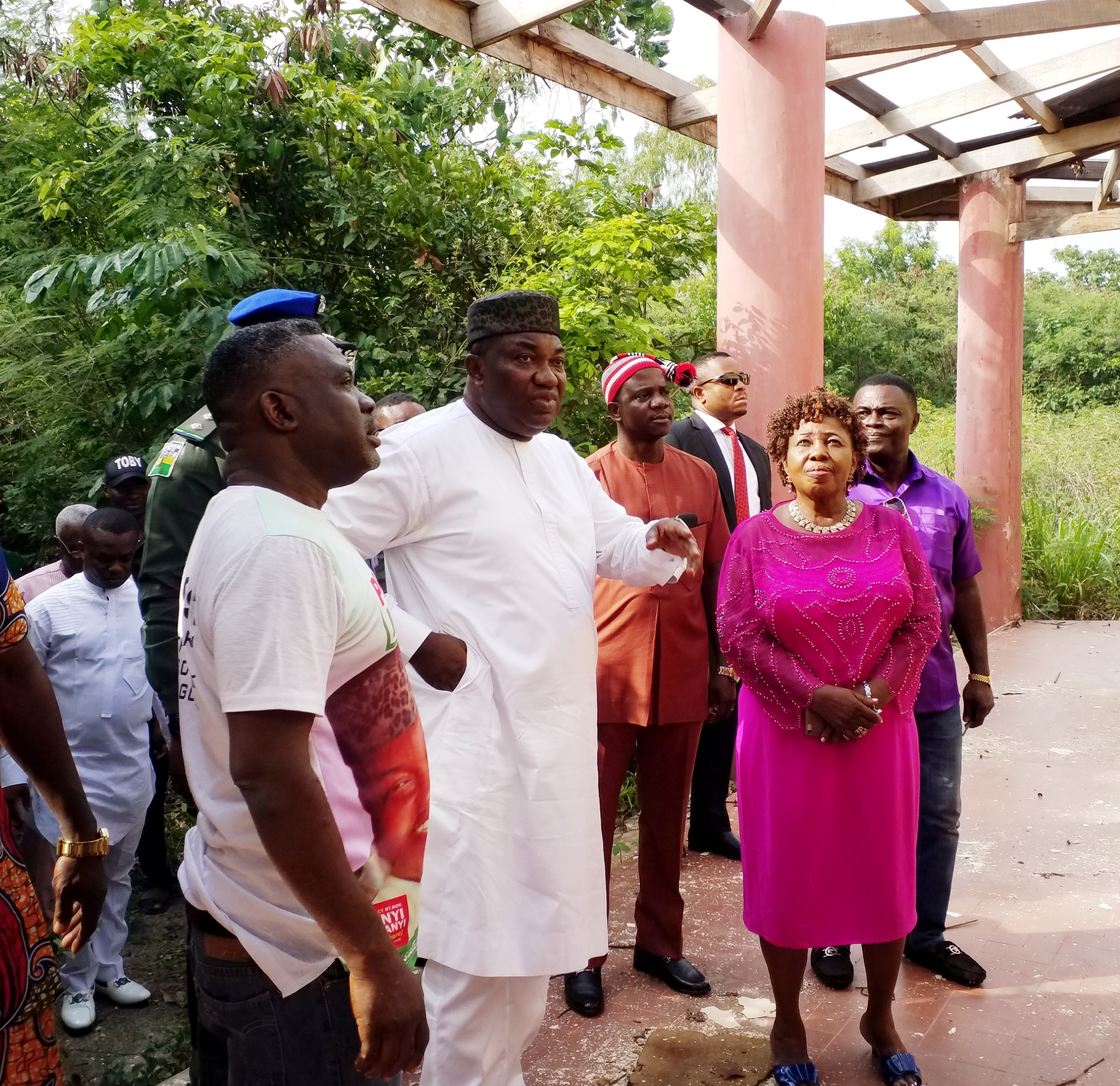 Enugu State Governor and Governor-elect, Rt. Hon. Ifeanyi Ugwuanyi (2nd left), with the Deputy Chairman of Awgu Local Government Area, Hon. Mrs. Benedett Orjiude (right), member, representing Awgu North Constituency, Rt. Hon. Nelson Uduji (2nd right) and the LG Chairman of the Peoples Democratic Party (PDP), Okey Udeh, during his inspection tour of facilities at the Enugu State Games Village, Awgu, at the weekend.