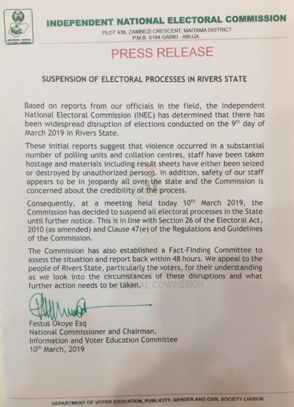 INEC suspends elections in Rivers State