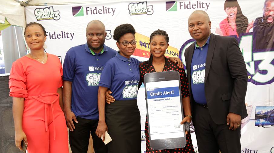 L-R: Sister of N1 million winner, Blessing Onyekachi Cyril; Head, Strategy & Business Transformation, Fidelity Bank Plc, Adetunji Mustapha; Account Officer to N1 million winner & Fidelity Bank Staff, Alice Eremosele; N1 million winner, Chima Esther Chinyere; Divisional Head, Retail Banking, Fidelity Bank Plc, Richard Madiebo at the 5th  Monthly Prize Presentation ceremony of the Get Alert In Millions Season 3 (GAIM Season 3) held at the Bank’s Computer Village Branch in Ikeja, Lagos on Wednesday.
