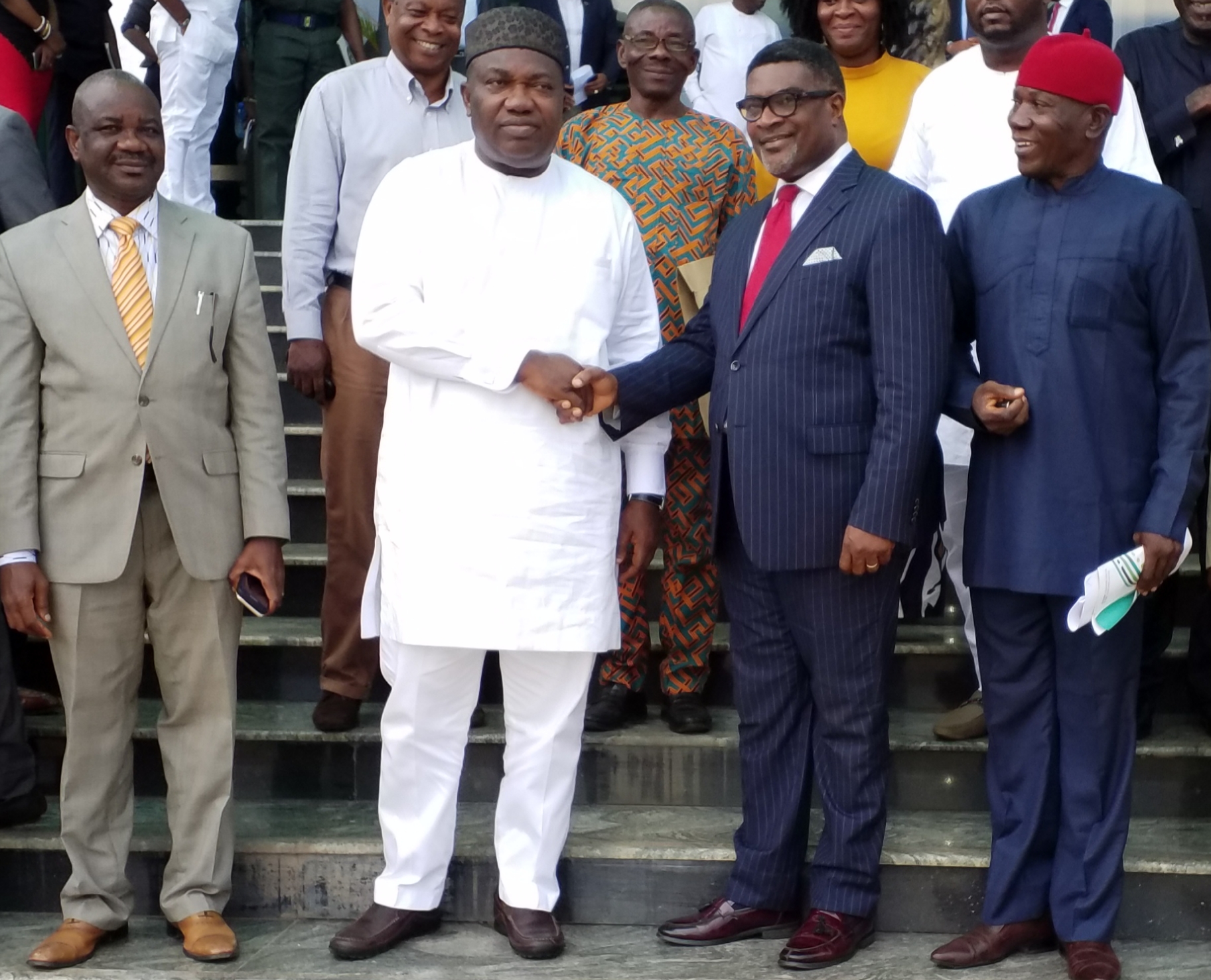 Enugu State Governor, Rt. Hon. Ifeanyi Ugwuanyi (2nd left) with the Branch Controller, Central Bank of Nigeria (CBN), Enugu, Emmanuel Chidozie Okonjo (2nd right), the State Accountant-General, Sir. Paschal Okolie (left) and the State Director, National Orientation Agency (NOA), Isaac Onukwube, when members of the Financial Inclusion States’ Steering Committee (FISSCO) in Enugu, paid him a courtesy visit at the Government House, Enugu, yesterday. 