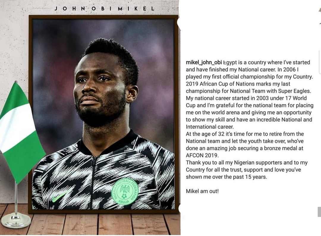 Mikel retires from international football