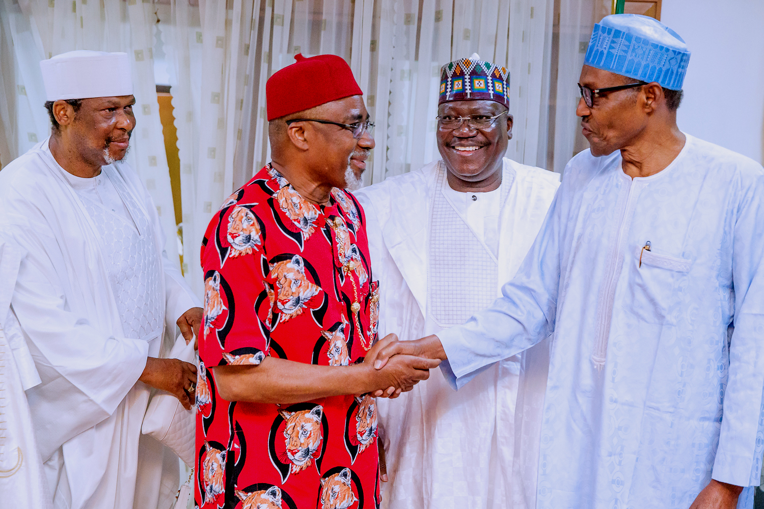 President Muhammadu Buhari; President of the Senate, Ahmad Ibrahim Lawan; Minority Leader, Senator Enyinnaya Abaribe and Deputy Senate Leader, Senator Ajayi Borrofice, during the Sallah homage to the President by the Leadership of the Senate in Daura, Katsina State, on Friday, August 16, 2019