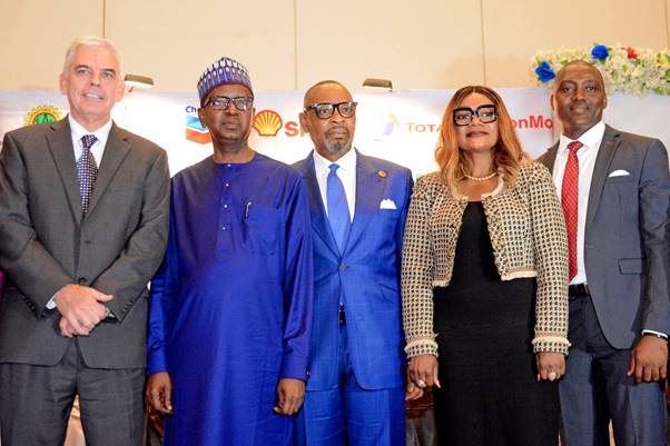 L-R: Managing Director, Exxon Mobil Nigeria, Paul McGrath; Chief Financial Officer, Nigeria National Petroleum Corporation, Umar Isa Ayiya; Group Managing Director, Aiteo Eastern E & P Company Ltd, Victor Okoronkwo; General Manager, Delivery Integration, Shell Nigeria Exploration and Production Company, Ibiyemi Asaolu; and Chairman, Association of Energy Correspondents of Nigeria, Olatunde Dodondawa, at the opening session of the 2019 annual conference of the association in Lagos… on Thursday