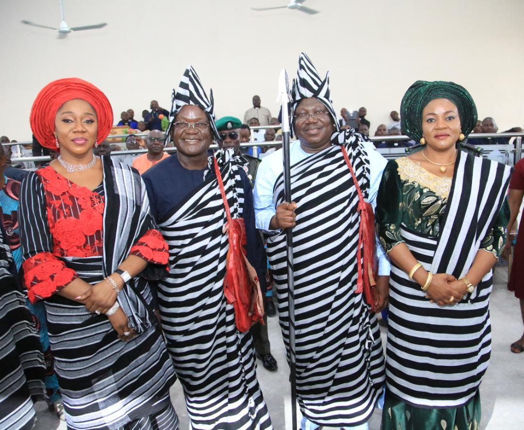 Wife of Senator Gabriel Suswam, Mrs. Yemisi Suswam (left); Governor of Benue State, Samuel Ortom; President of the Senate, Ahmad Ibrahim Lawan dressed in Tiv attire, and First Lady of Benue State, Mrs. Eunice Ortom, during the thanksgiving service and church dedication by Senator Suswam at N.K.S.T, Anyiin Logo Local Government Area of Benue State on Sunday, November 17, 2019.   