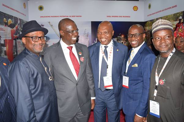 L-R: Executive Secretary, Nigeria Content Development and Monitoring Board, Simbi Wabote; Minister of State for Petroleum Resources, Timipre Sylva; Managing Director, Shell Petroleum Development Company and Country Chair, Shell Companies in Nigeria, Osagie Okunbor; Managing Director, Nigeria Liquefied Natural Gas, Tony Attah; and Shell Nigeria’s General Manager, Business and Government Relations, Bashir Bello, at the Shell exhibition booth during the opening session of the 2019 Practical Nigeria Content Forum in Yenagoa… on Tuesday.   