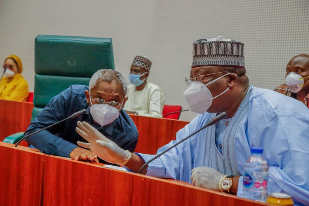 L – R Speaker of the House of Representatives, Rt. Hon. Femi Gbajabiamila; and President of the Senate, Senator Ahmad Lawan on Wednesday at a meeting between the Leadership of the National Assembly and the Presidential Committee on COVID-19 in Abuja.