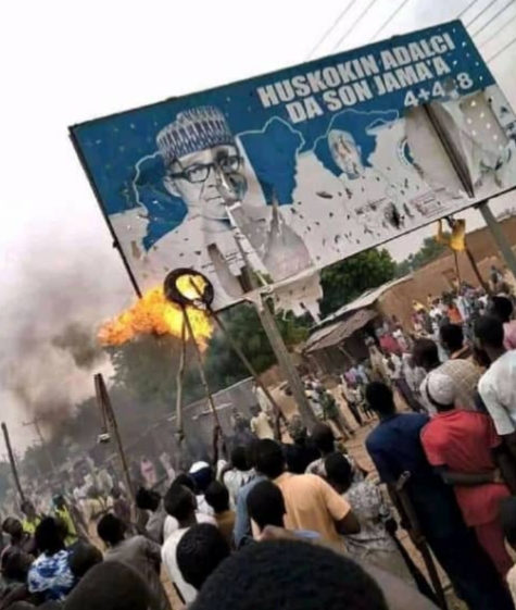Katsina anti-banditry protesters burn Buhari, Masari billboard