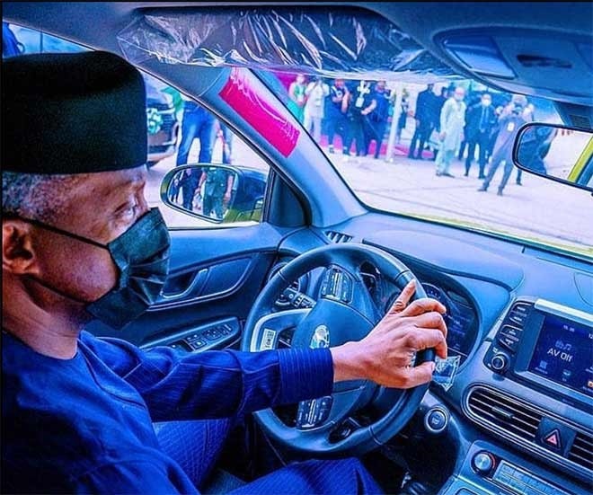 Osinbajo test-rides locally-assembled electric car