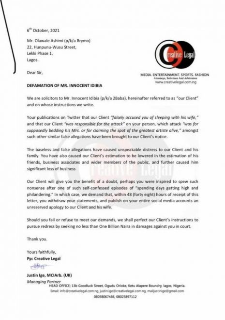 2Baba threatens Brymo with N2bn suit
