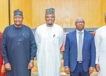 L-R: Jacqueline Olowolayemo, Senior Administrative Manager, Mafab Communications Ltd.; Prof Umar Danbatta, Executive Vice Chairman/Chief Executive Officer, Nigerian Communications Commission, Prof Isa Ali Ibrahim Pantami, Hon. Minister of Communications and Digital Economy; Dr. Vincent Olatunji, National Commissioner/Chief Executive Officer, Nigeria Data Protection Bureau and Anas Galadima, Senior Manager, Public Affairs, MTN Nigeria, during a press briefing by the Presidential Review Committee on Excise Duty in the Digital Economy Sector in Abuja on Tuesday (March 21, 2023).