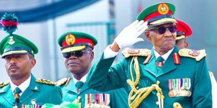 Buhari arrives army parade in military uniform