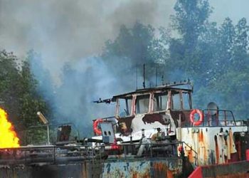 Foreign vessel intercepted with stolen crude set ablaze in Delta