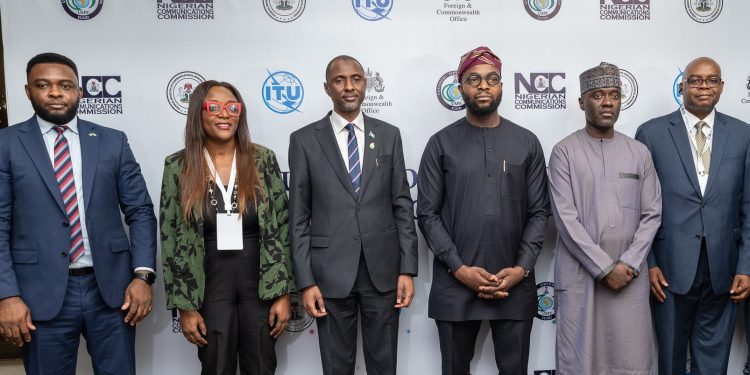 L-R: Representative of the United Kingdom Foreign, Commonwealth & Development Office (UK FCDO), Udoh Indogesit; Nigeria National Consultant, International Telecommunication Union (ITU), Ogundipe Olubunmi; Permanent Secretary, Federal Ministry of Communications, Innovation and Digital Economy (FMoCIDE), Faruk Yabo; Hon. Minister, FMoCIDE, Dr. Bosun Tijani; Executive Vice Chairman/Chief Executive Officer, Nigerian Communications Commission, Dr. Aminu Maida and Secretary, Universal Service Provision Fund, Yomi Arowosafe, during the Industry-focused Stakeholders Engagement Session organised by the USPF of the Commission in collaboration with ITU and UK FCDO in Lagos on Thursday (March 13, 2025).