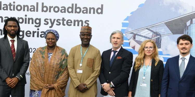 L-R: Project Manager, Africa-BroadBand (BB) Maps, International Telecommunication Union (ITU), Dana Jon Kamason; Executive Commissioner, Stakeholder Management, Nigerian Communications Commission (NCC), Rimini Makama; Executive Vice Chairman/Chief Executive Officer, NCC, NCC; Dr. Aminu Maida; Deputy Ambassador,  European Union (EU) Delegation to Nigeria, Zissmos Vergas; Head, Green and Digital Economy, EU Delegation to Nigeria, Inga Stefanowicz; and Project Officer, Africa-BB-Maps, ITU, Elind Sulmina, during a three-day National Broadband Mapping System held in Abuja this week (August 5-6, 2025).