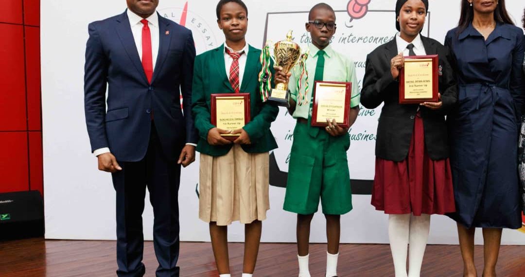 L-R: Group Managing Director, United Bank for Africa, (UBA Plc) Oliver Alawuba; Winner, 2025 UBA Foundation National Essay Competition and student of Igando Community Senior High School, Ebunoluwa Seth Oluwatimelehin; and Managing Director/CEO, UBA Foundation, during the grand finale of the 2025 UBA Foundation National Essay Competition for senior school students in Nigeria held at UBA House, Lagos, on Tuesday.