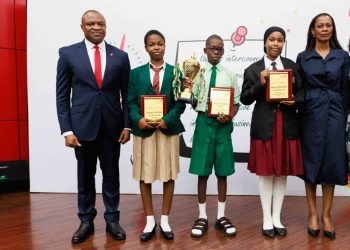 L-R: Group Managing Director, United Bank for Africa, (UBA Plc) Oliver Alawuba; Winner, 2025 UBA Foundation National Essay Competition and student of Igando Community Senior High School, Ebunoluwa Seth Oluwatimelehin; and Managing Director/CEO, UBA Foundation, during the grand finale of the 2025 UBA Foundation National Essay Competition for senior school students in Nigeria held at UBA House, Lagos, on Tuesday.