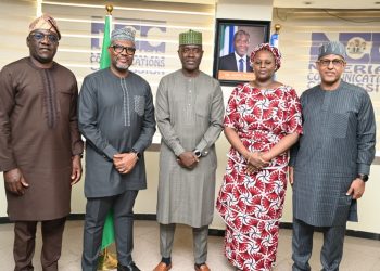 L- R: Abraham Oshadami, Executive Commissioner Technical Services, Nigerian Communications Commission, NCC; Tony Emoekpere, President, Association of Telecom Companies of Nigeria, ATCON; Dr Aminu Maida, Executive Vice-Chairman/CEO, NCC; Rimini Makama, Executive Commissioner Stakeholder Management, NCC; Muhammed Rudman, Vice President, ATCON/ CEO IXPN, during a courtesy visit by the ATCON Members on the 17th February 2026, at the Commission’s Headquarters, Abuja